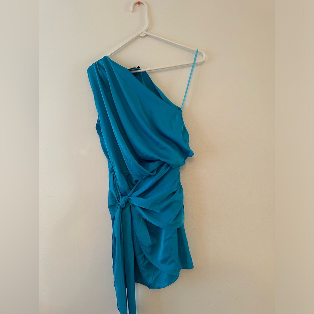 Do+Be light blue one shoulder satin formal dress.